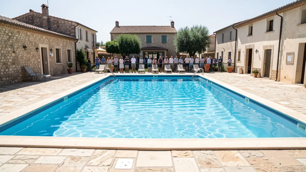 Empty municipal swimming pool in a Mediterranean architectural setting.