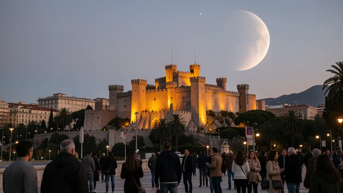 Image of Montjuïc Castle illuminated at dusk with a partial solar eclipse in the sky.