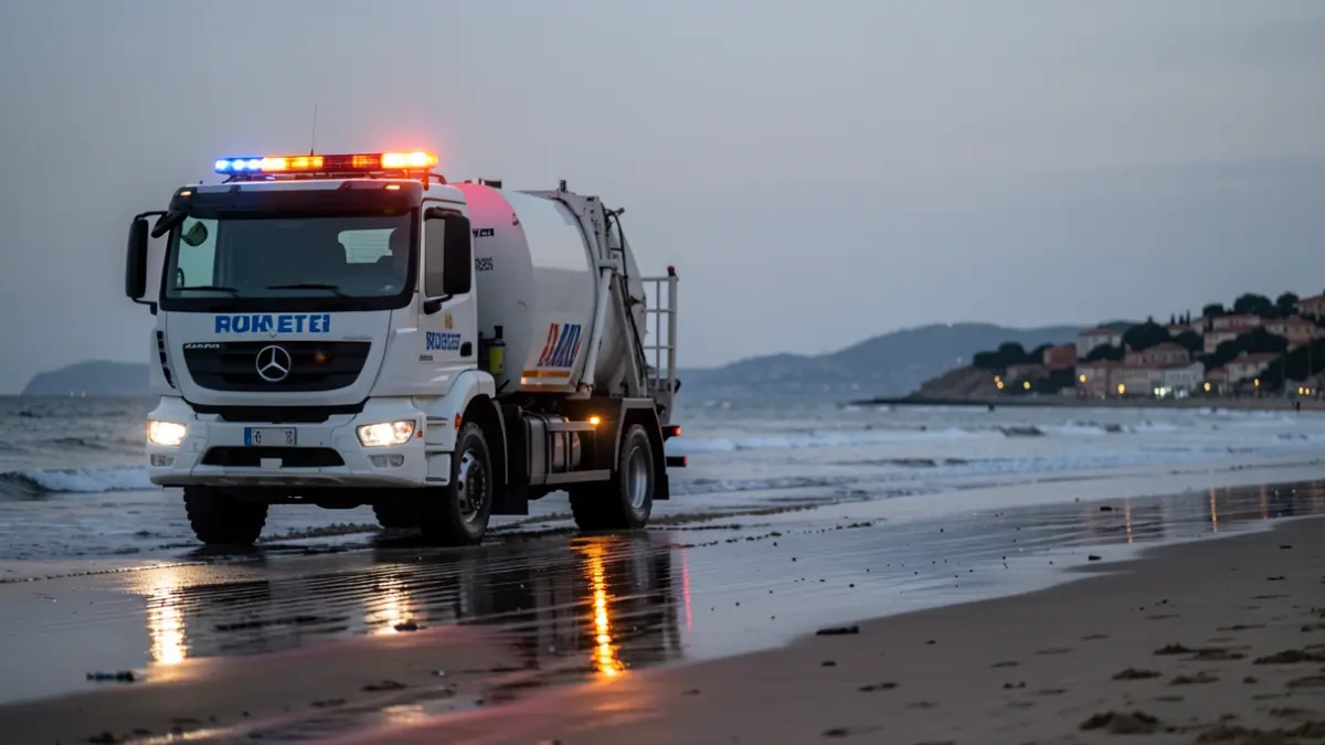 Imatge genèrica d'un vehicle de neteja a la platja a l'alba.