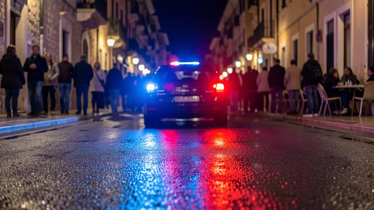 Imatge genèrica de llums d'emergència policials reflectint-se en asfalt mullat.