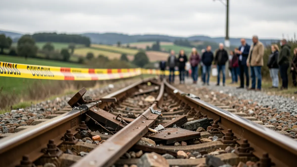 Imagen genérica de vías de tren con cintas de precaución.