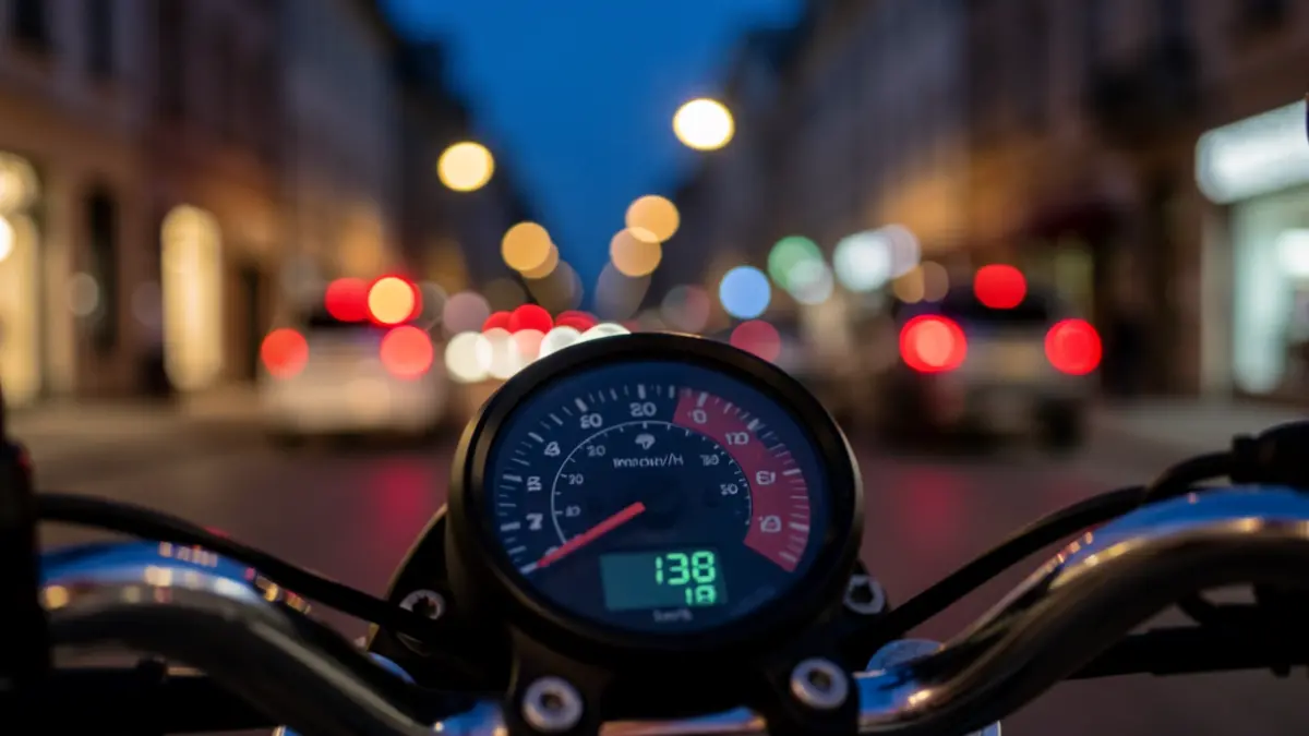 Blurred motorcycle speedometer showing 138 km/h, with a blurry Barcelona night street in the background.