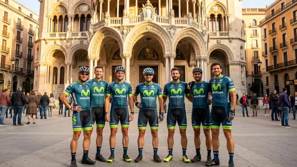 Presentació de l'equip Movistar Team davant del Palau de la Música Catalana a Barcelona.