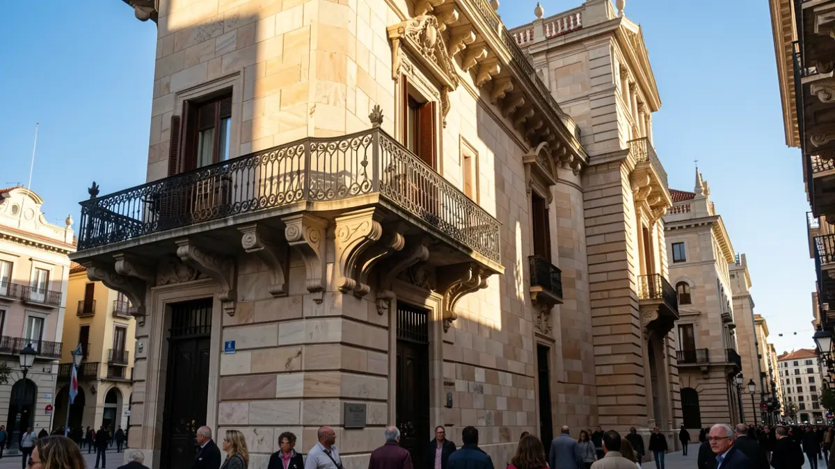 Facade of Barcelona City Hall with balcony and iron railing, under warm afternoon sunlight.