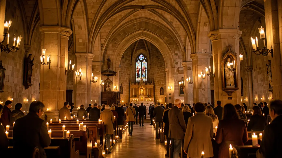 Interior d'una església il·luminada per espelmes.