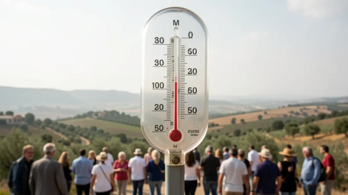 Termòmetre marcant alta temperatura amb el paisatge de l'Alt Empordà i cel tapat.