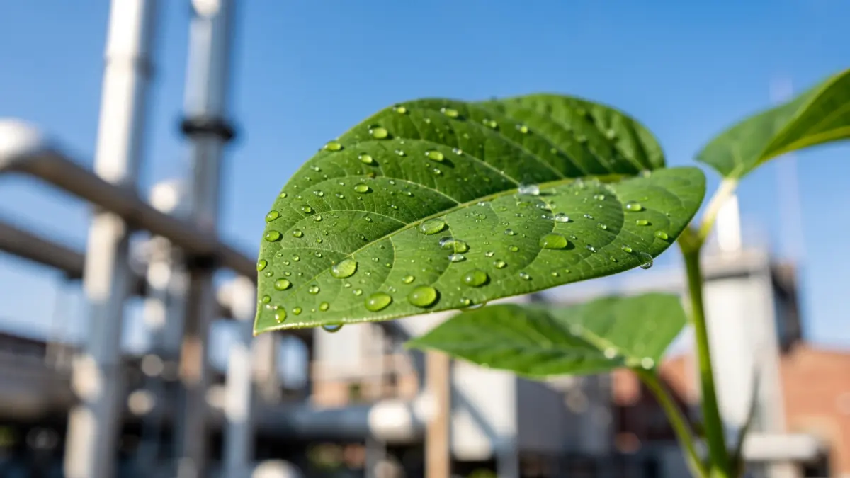 Hoja verde con gotas de agua sobre un fondo industrial.