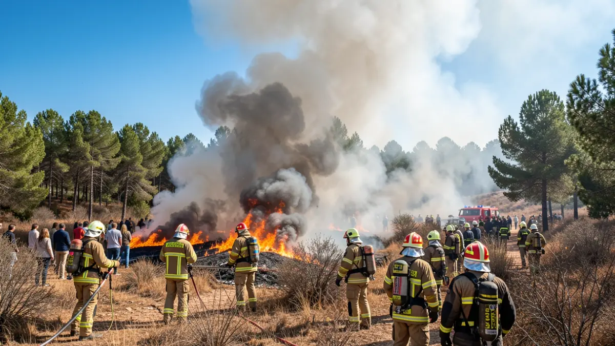 Firefighters battling a forest fire in Aiguamúrcia with smoke rising into the sky.