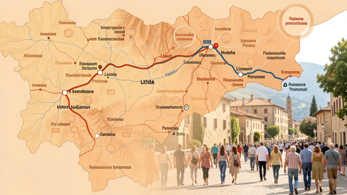 Mapa de les comarques del Pirineu i Terres de Lleida amb rutes turístiques destacades.