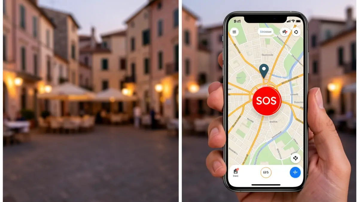 Imagen de un teléfono móvil con un botón SOS y un mapa de emergencia al fondo.