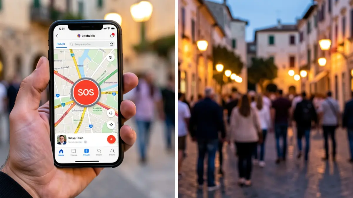 Generic image of a mobile security app and a Mediterranean town square at dusk.