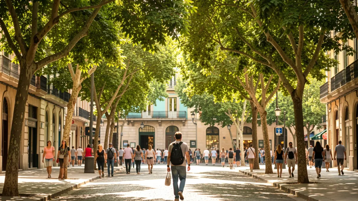 Carrer ombrejat a Barcelona durant una onada de calor.