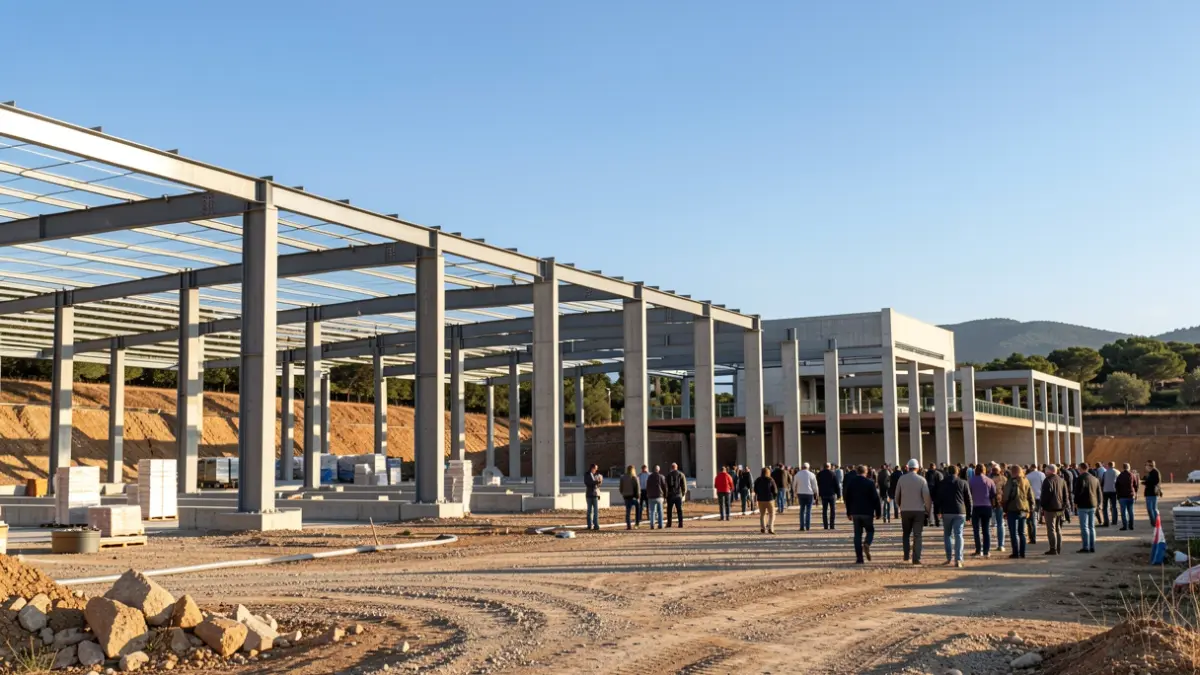 Obres de construcció d'una nau logística en un entorn mediterrani.