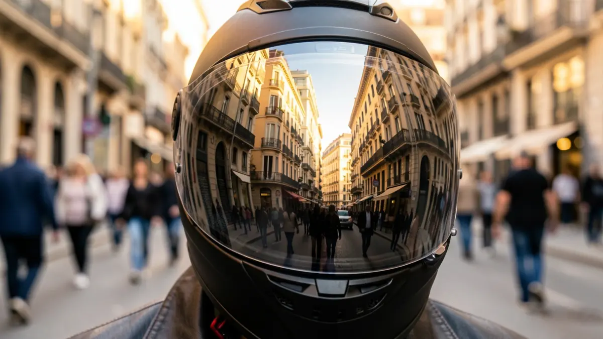 Motorcycle helmet visor reflecting a Barcelona street.