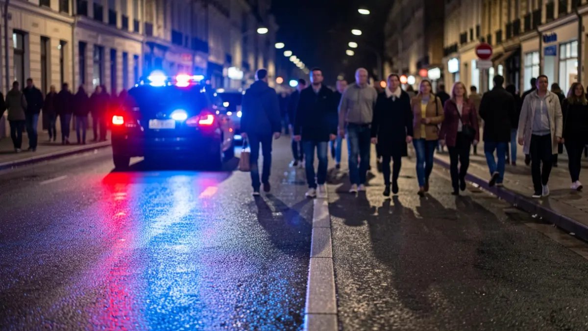 Imatge genèrica de llums d'emergència policials reflectint-se sobre asfalt mullat a la nit.