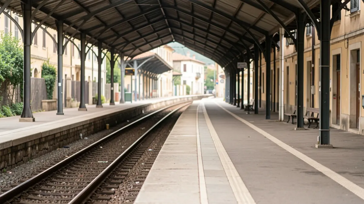 Andén vacío de estación de tren con vías que se pierden a lo lejos.