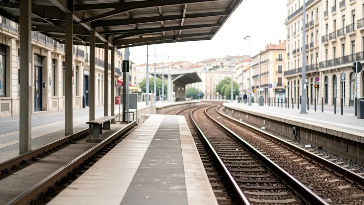 Andén de metro vacío en Barcelona con vías que se pierden a lo lejos.