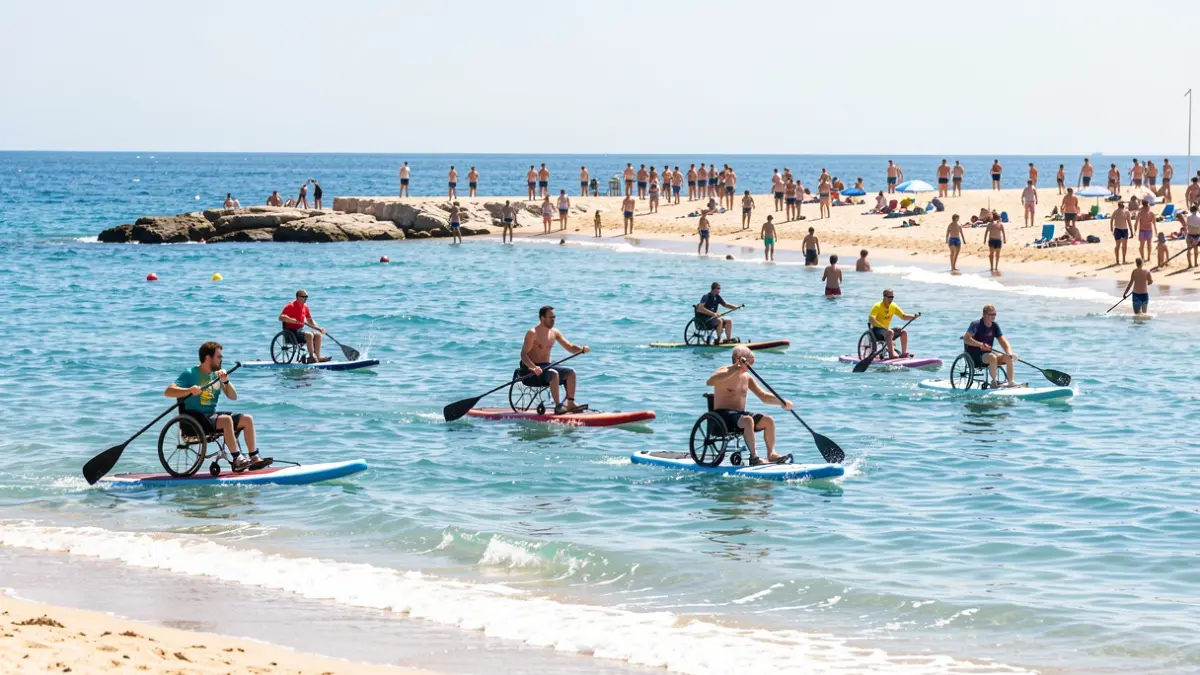 Participants amb diversitat funcional gaudint del paddleurf i el caiac a la Platja Llarga de Tarragona.