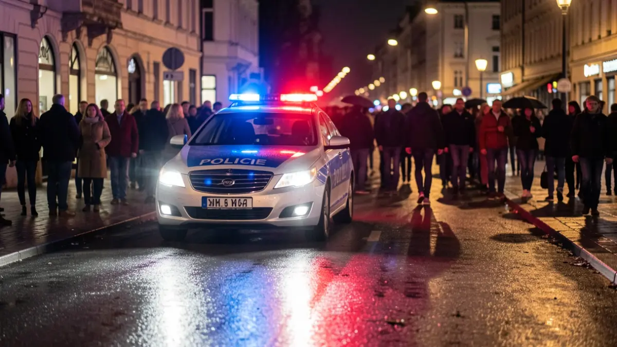 Imatge genèrica de llums d'emergència policials reflectint-se en asfalt mullat.