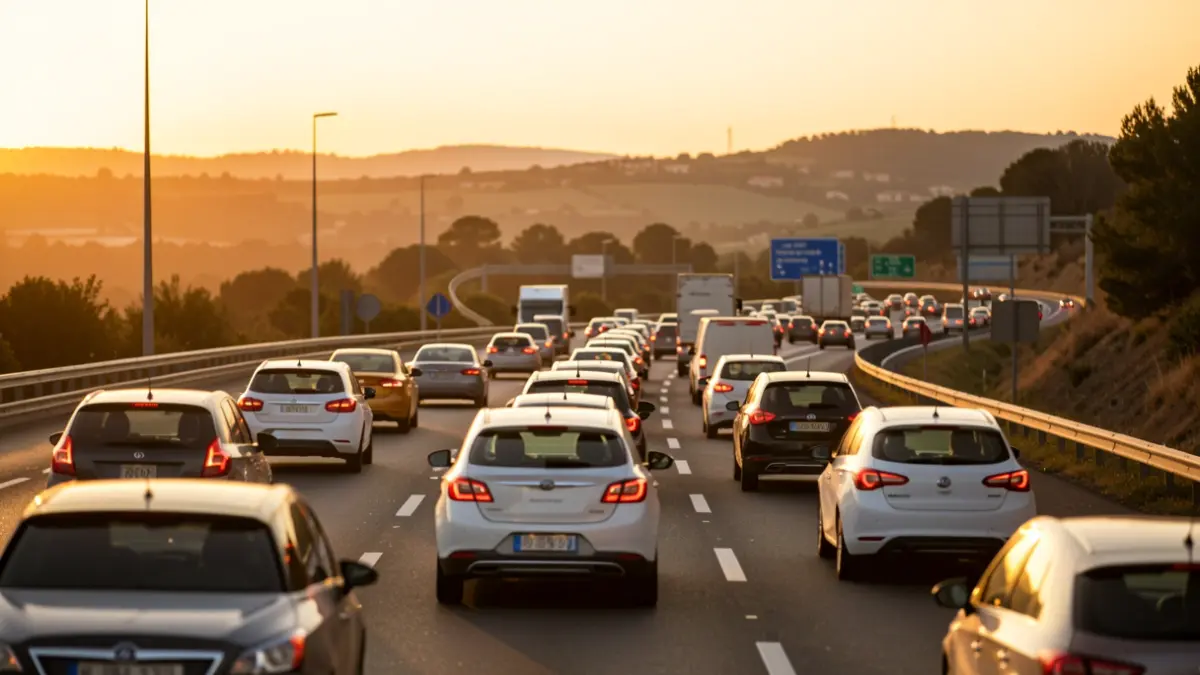 Imatge genèrica de trànsit intens en una carretera catalana durant la posta de sol.