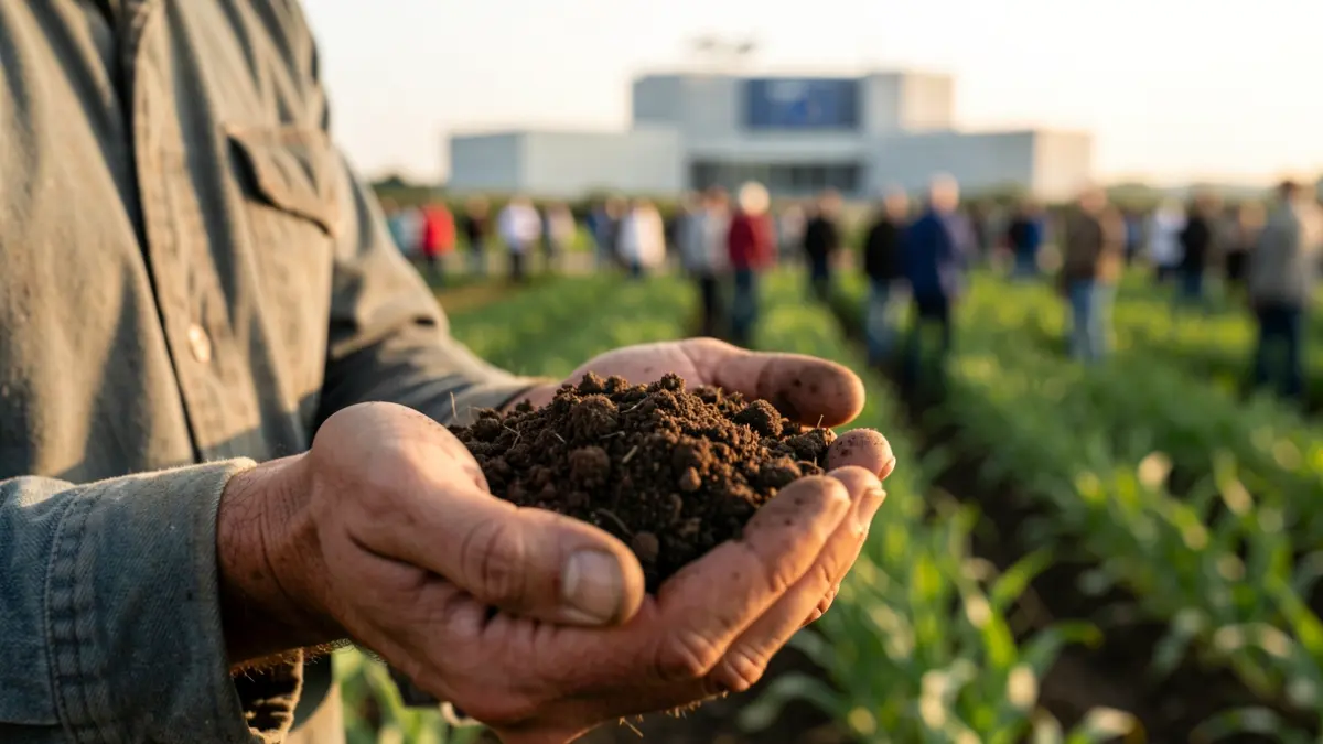 Farmer's hands holding soil, with the European Parliament in the background.