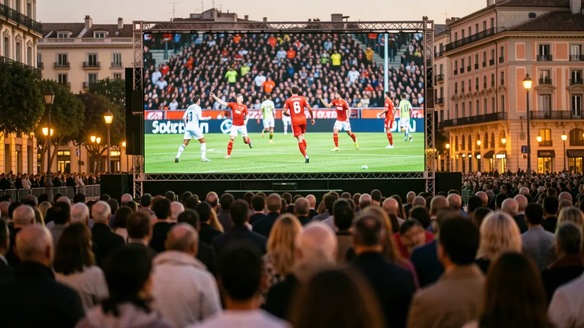 Pantalla gegant instal·lada a Barcelona per veure la final del Mundial de futbol.