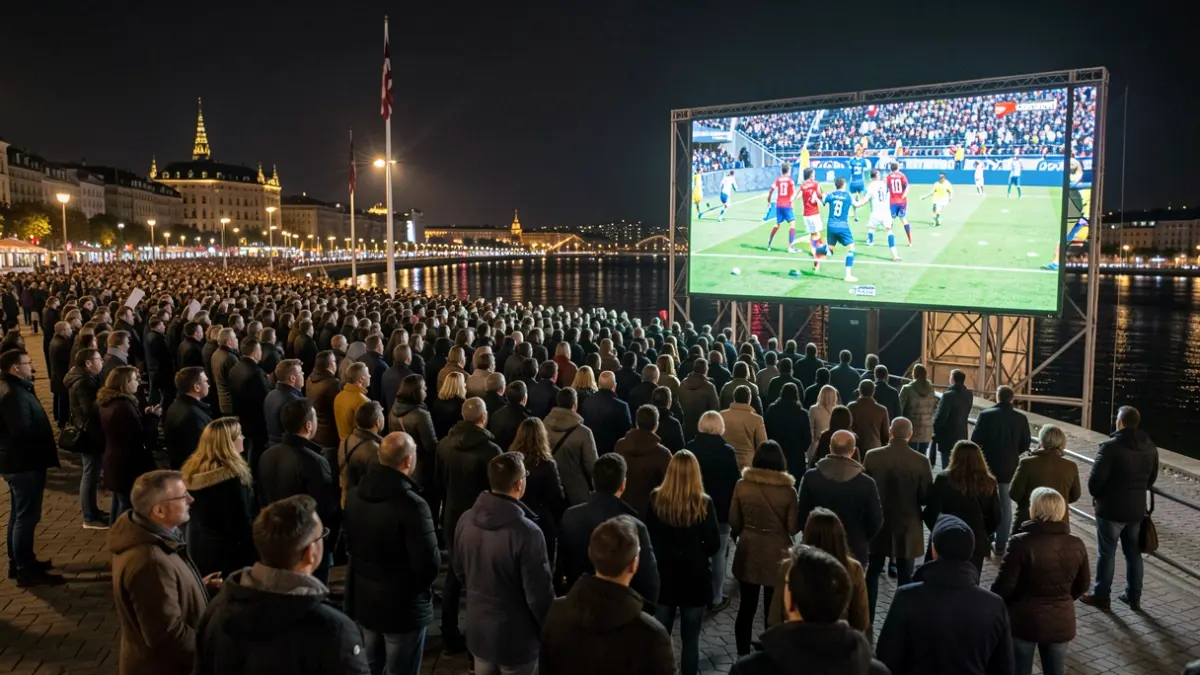 Multitud reunida por la noche siguiendo la final de un Mundial de fútbol en una pantalla gigante en el Fòrum de Barcelona.