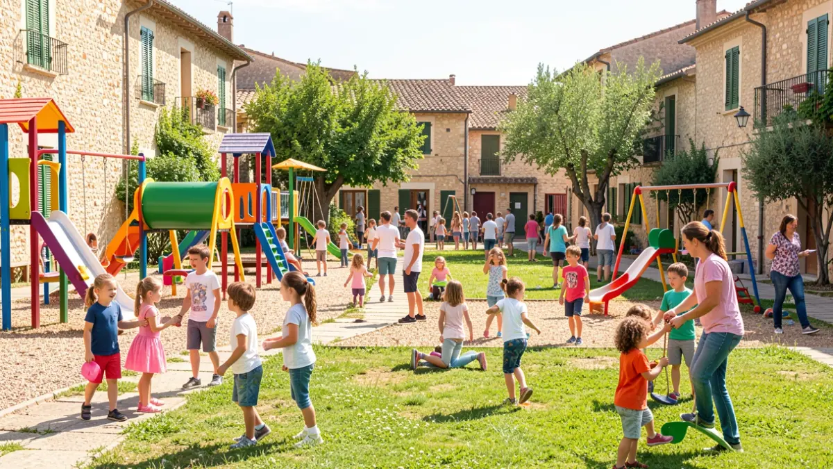 Imagen genérica de un patio escolar abierto durante el verano con niños y familias.