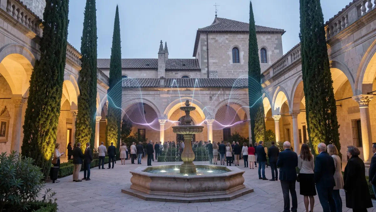 Claustro del Monasterio de Pedralbes iluminado con luz suave y ondas sonoras.