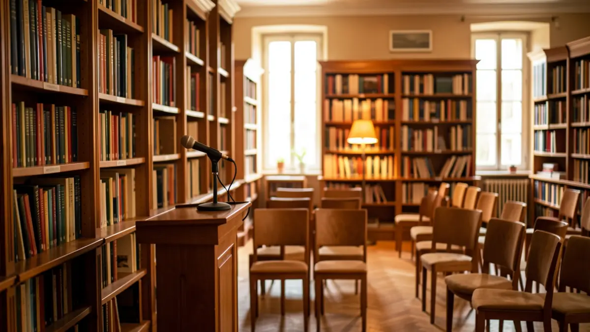 Stage prepared for a cultural presentation in a setting with wooden bookshelves.