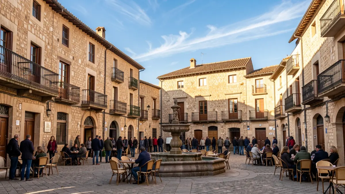 Medieval square of Peralada with summer sun.