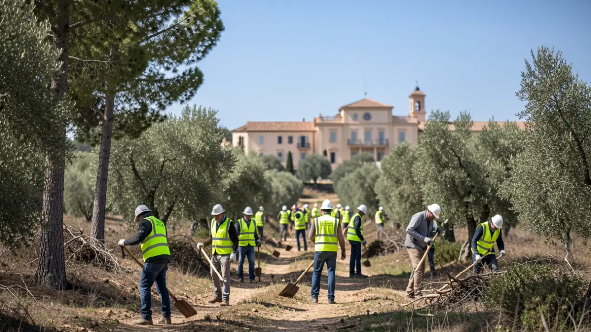 Generic image of forest and urban workers in a Catalan rural setting.