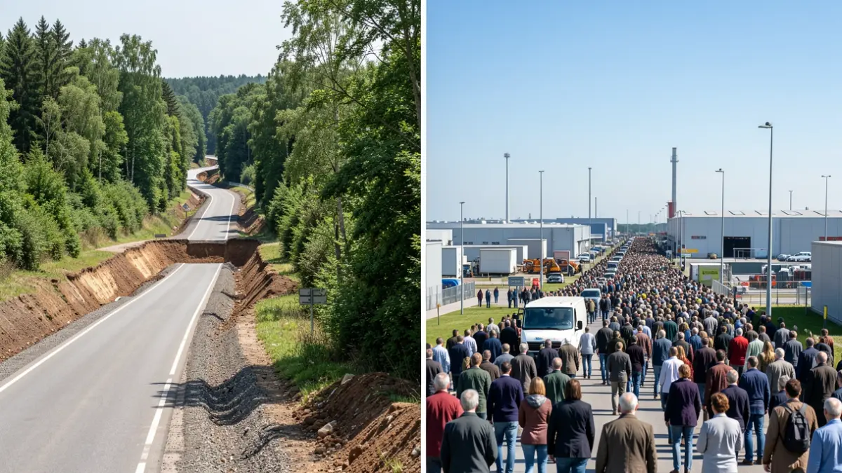 Image showing the contrast between a protected natural area and an industrial park, simulating the route of a new bypass.