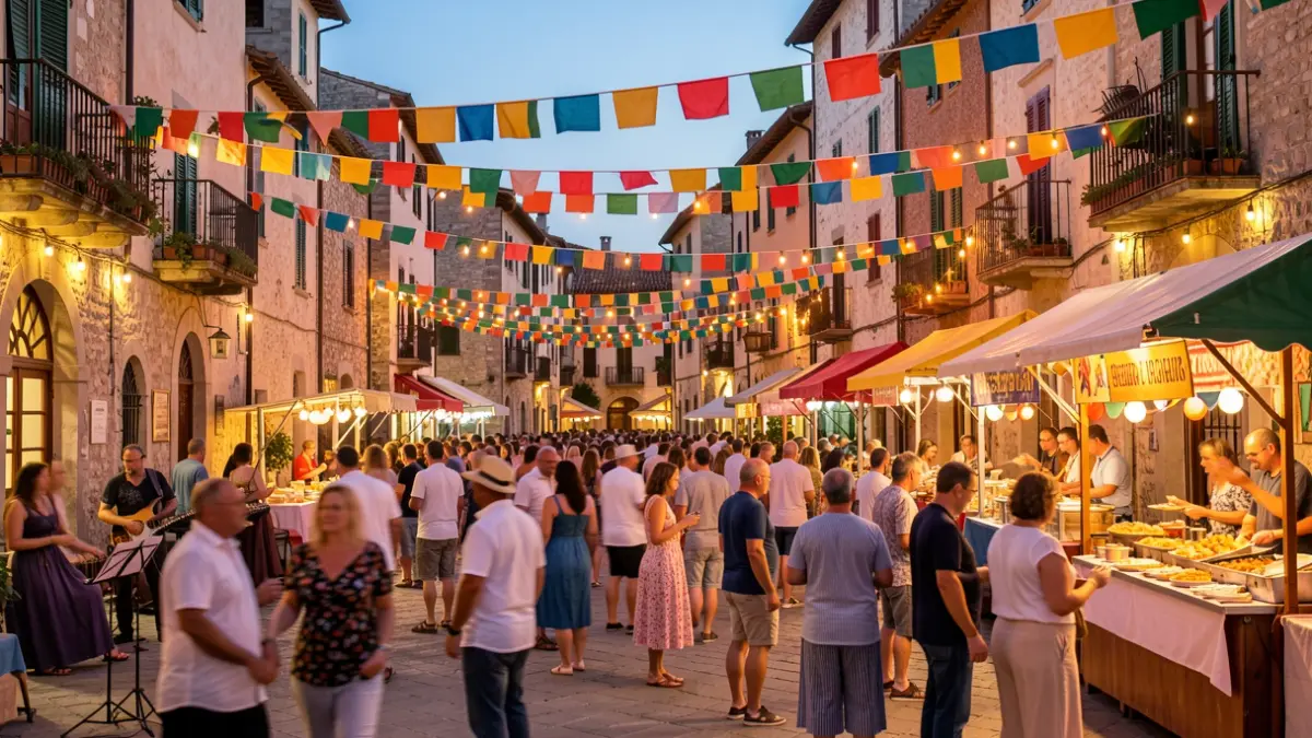 Imagen genérica de una fiesta mayor en un pueblo mediterráneo con gente y decoraciones.