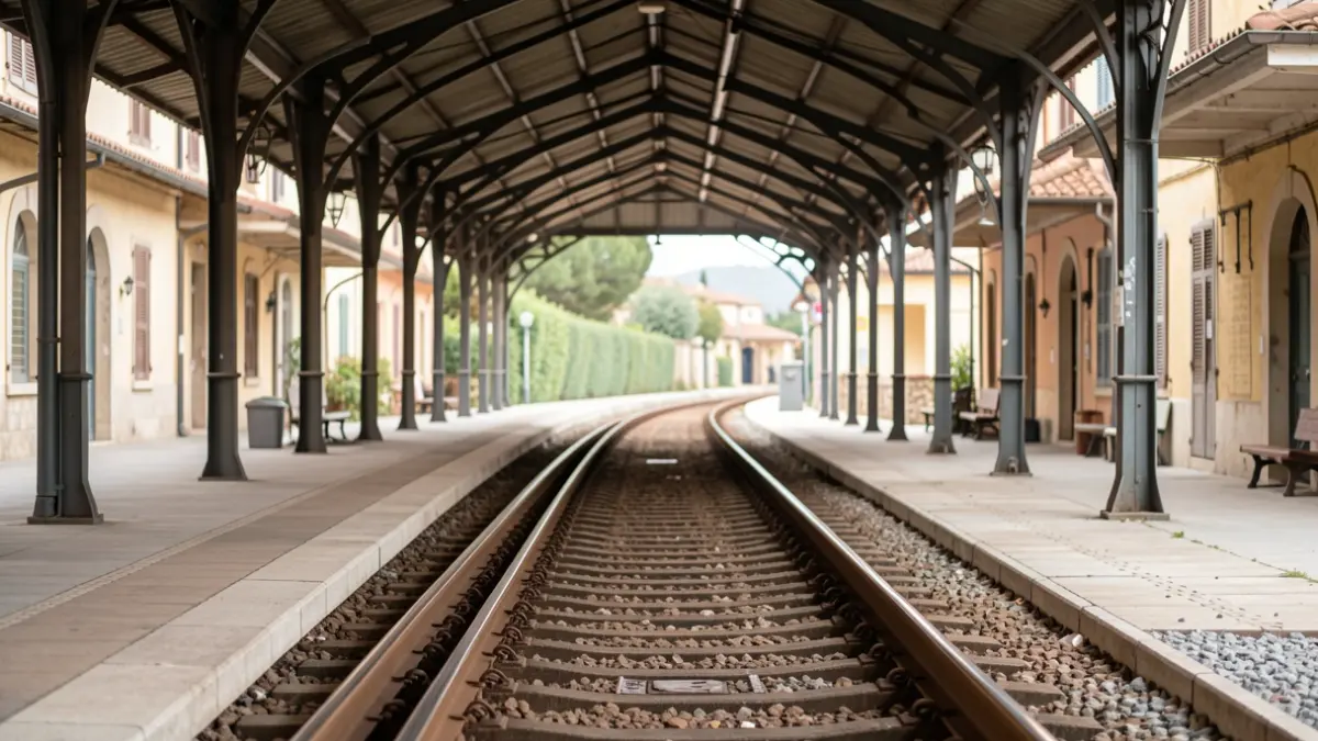 Andana vacía de una estación de tren en Cataluña con arquitectura mediterránea.