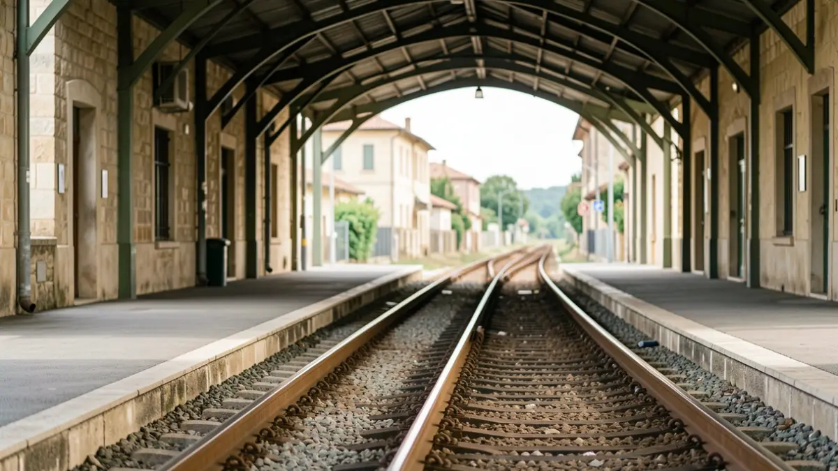 Andana buida d'una estació de tren amb vies que es perden a la distància.