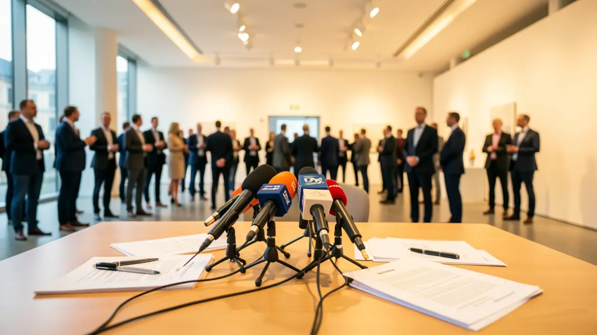 Generic image of a press conference room with microphones.