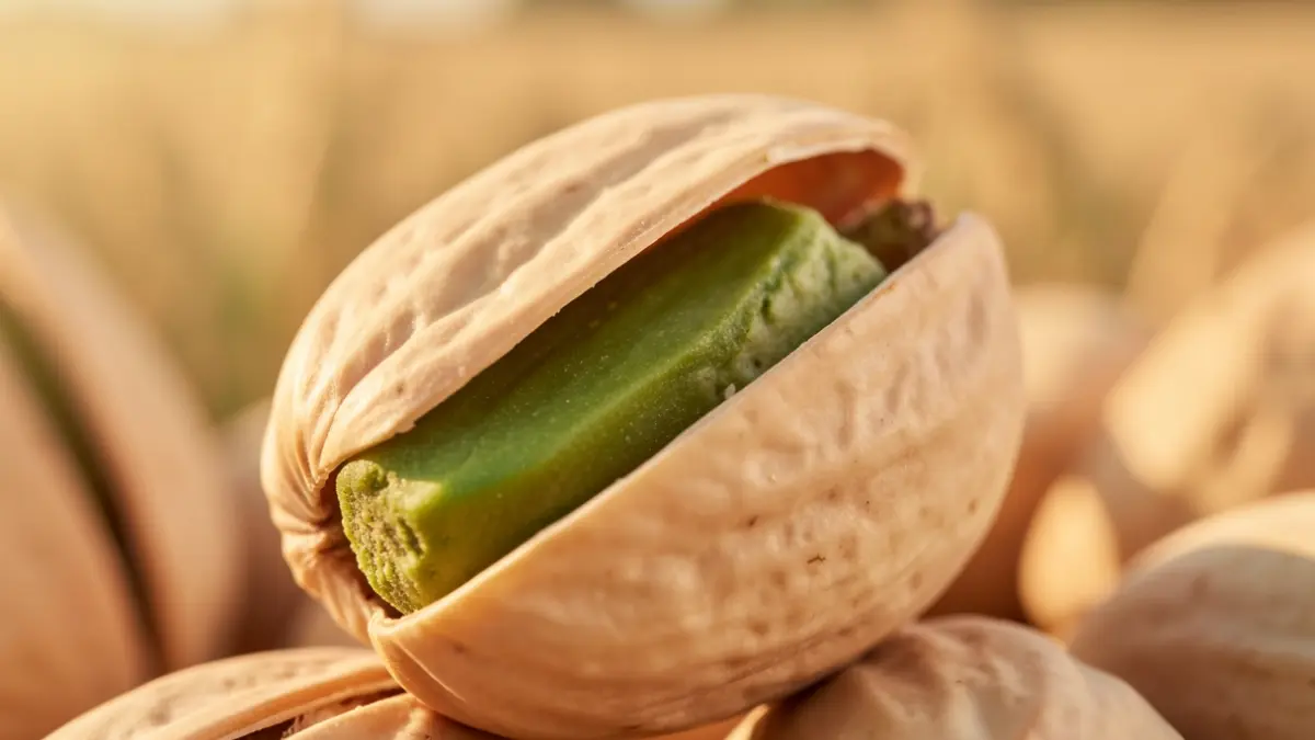An open pistachio nut with its green kernel highlighted, against an agricultural background.