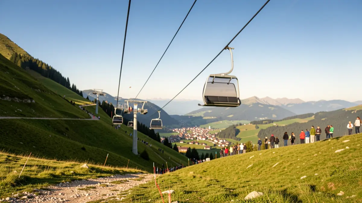 Telecabina del projecte Vallter 365 pujant per una muntanya verda.