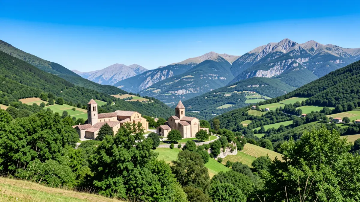 Panoramic view of the Vall de Boí with Romanesque churches and mountains.