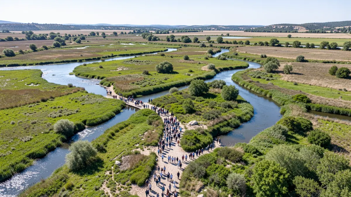 Generic image of a wetland landscape with vegetation and water channels.