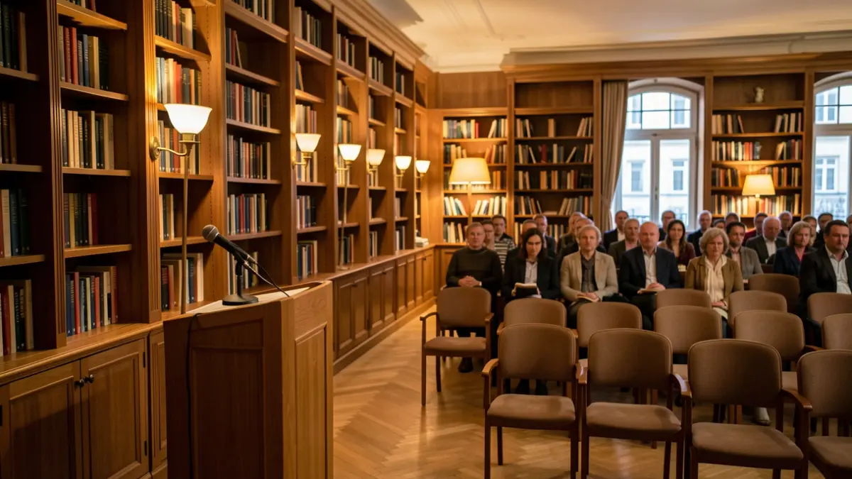 Interior of a conference room with a microphone and bookshelves, lecture atmosphere.