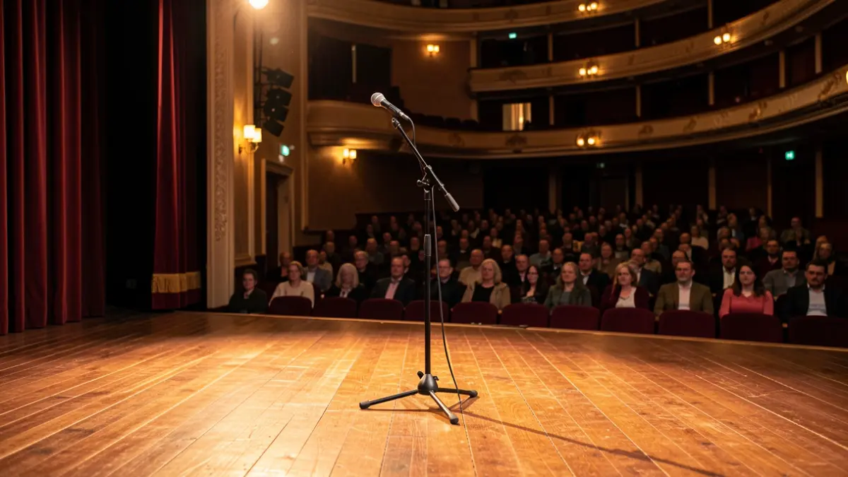 Imagen genérica de un escenario teatral con iluminación cálida.