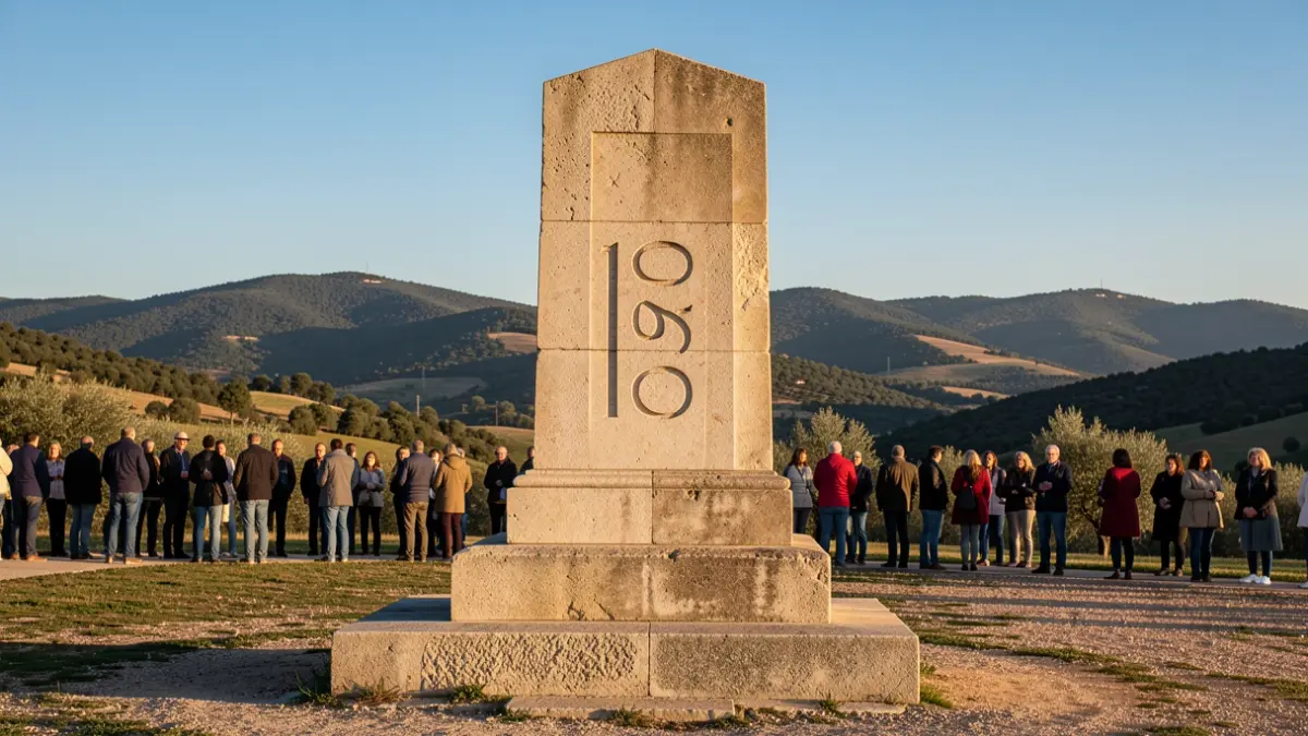 Commemorative monument for Querol's millennium under a blue sky.