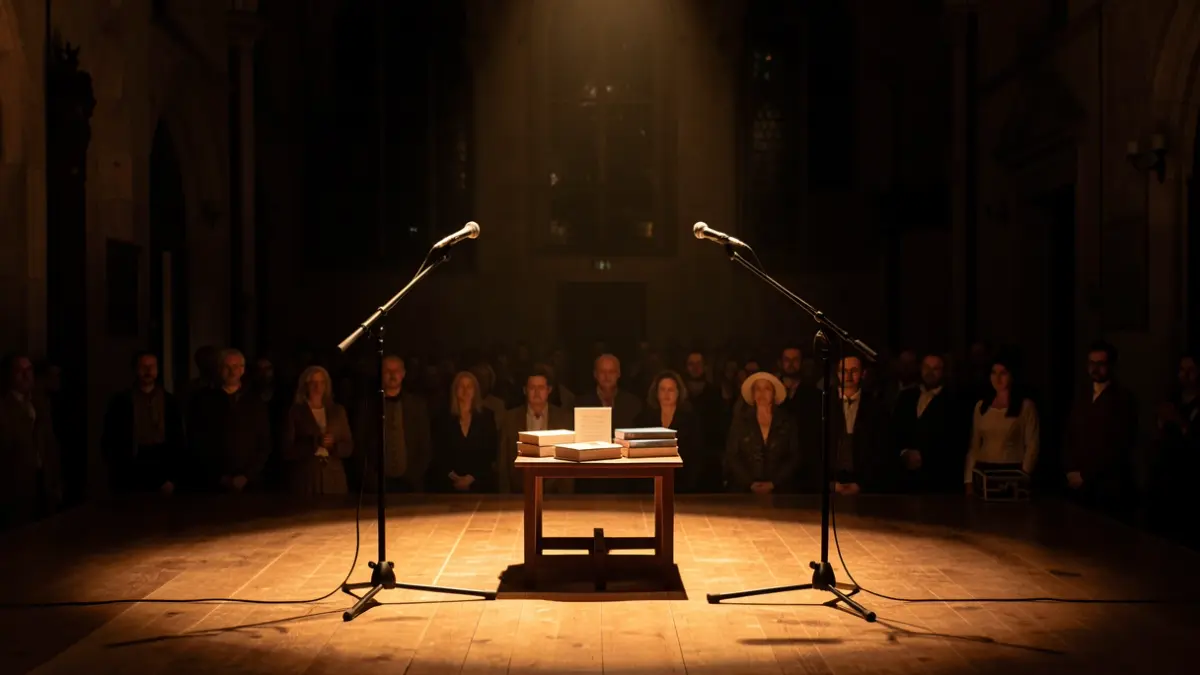 Escenari il·luminat amb micròfons i llibres de poesia.