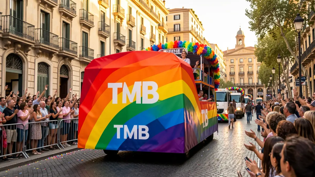 A Pride parade float in Barcelona with the TMB logo.