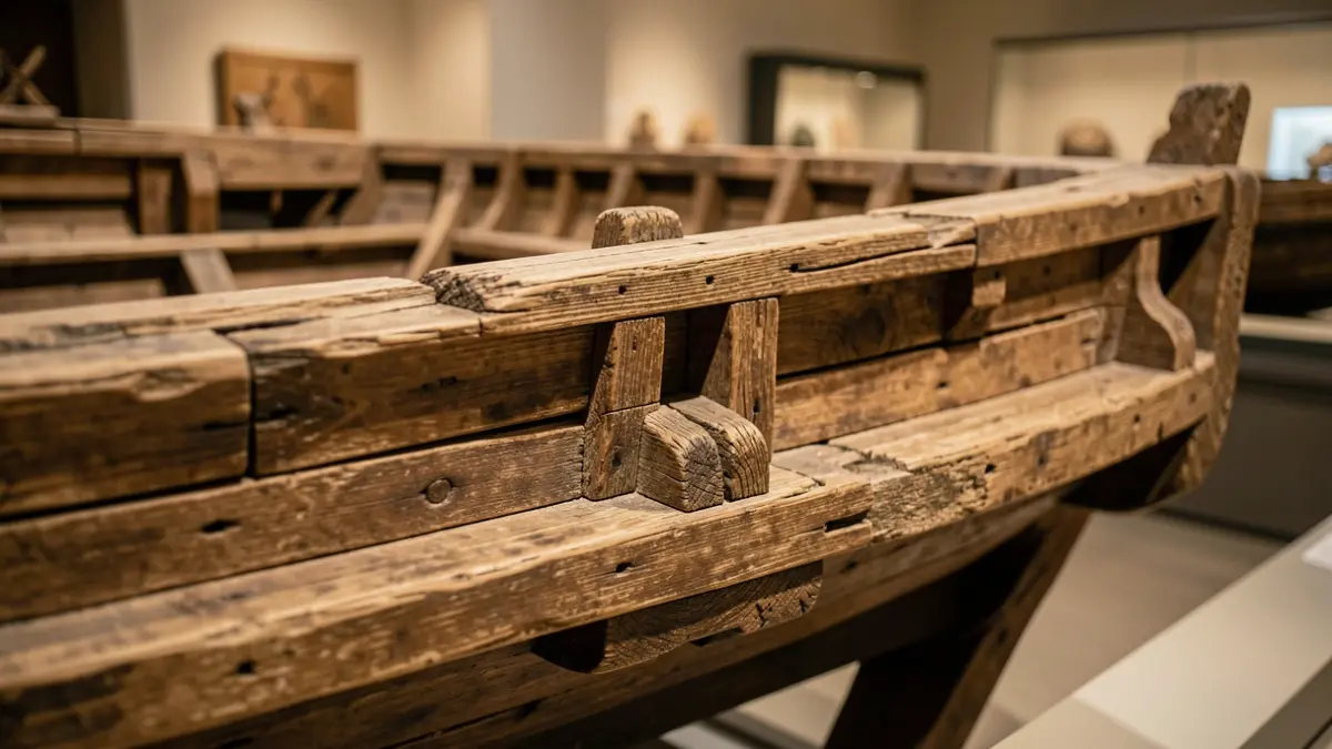 Detail of ancient ship remains preserved in a museum.