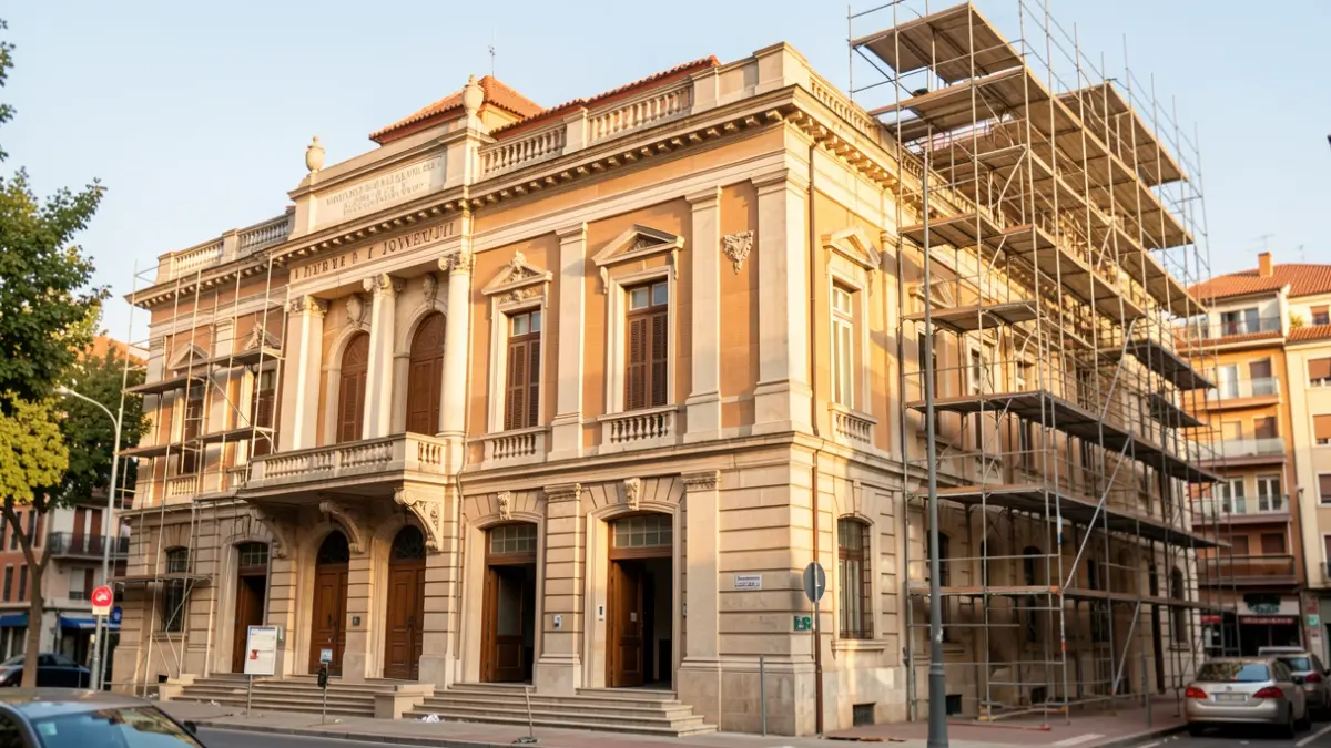 Imagen exterior del Teatre Joventut durante unas obras de rehabilitación.