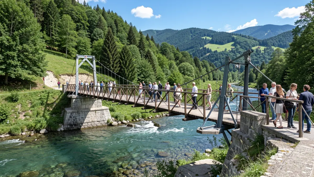 Generic image of a stone and wood footbridge in a natural setting.