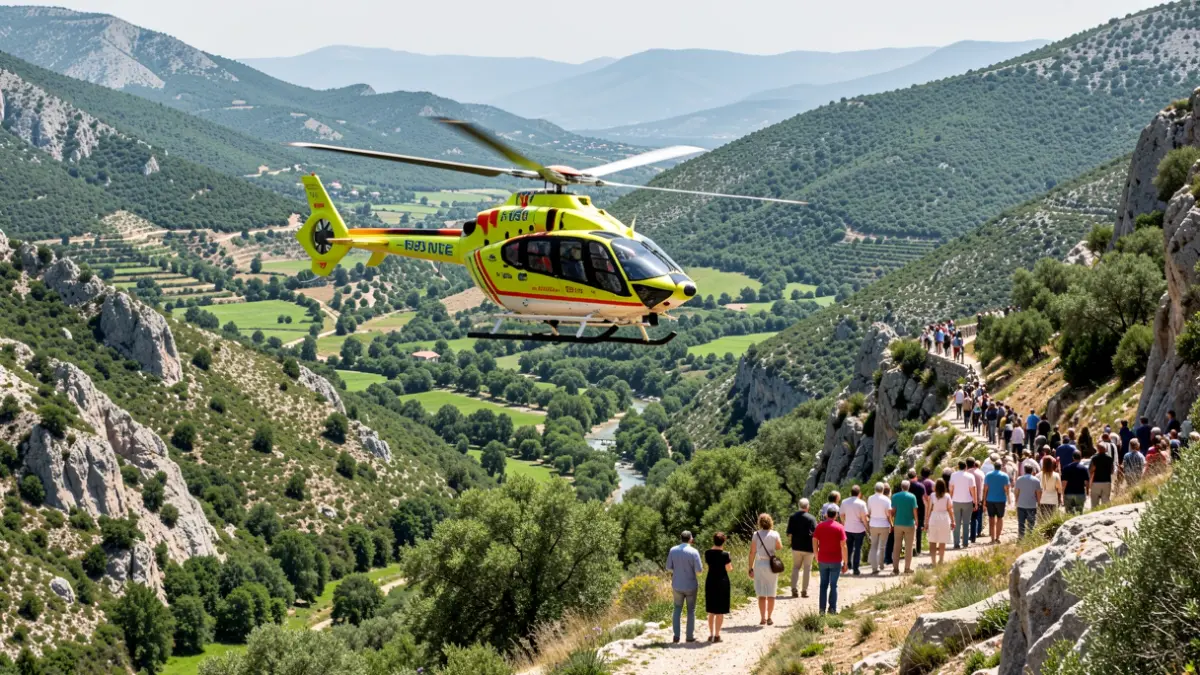 Image of an emergency helicopter flying over a mountainous area.